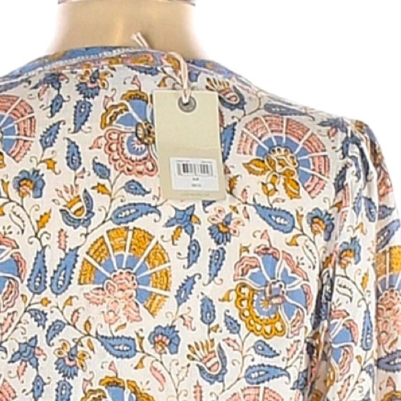 Lucky Brand size SP blouse blue & ivory BOHO 3/4 sleeves w keyhole & tassel ties - Picture 8 of 15